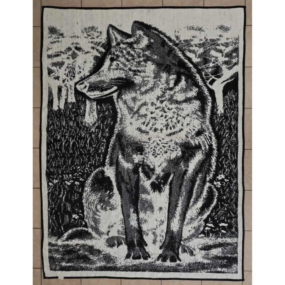 Vintage Hi Pile By San Marcos Wolf In The Woods Throw Blanket Reversible 80x60
